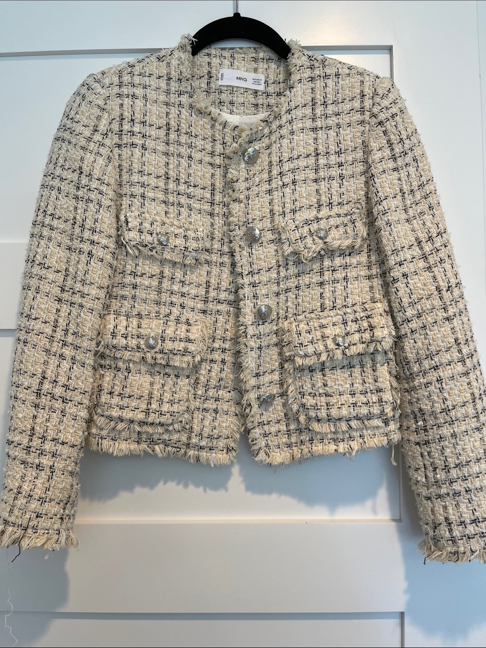 Mango Light Yellow Black, White Tweed Fringe-Trim Jacket with Silver Buttons
